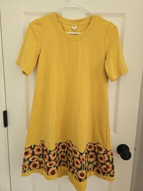 Upcycled Yellow Sunflower Hem A-Line Dress Arket, XS, Organic Cotton, 90s